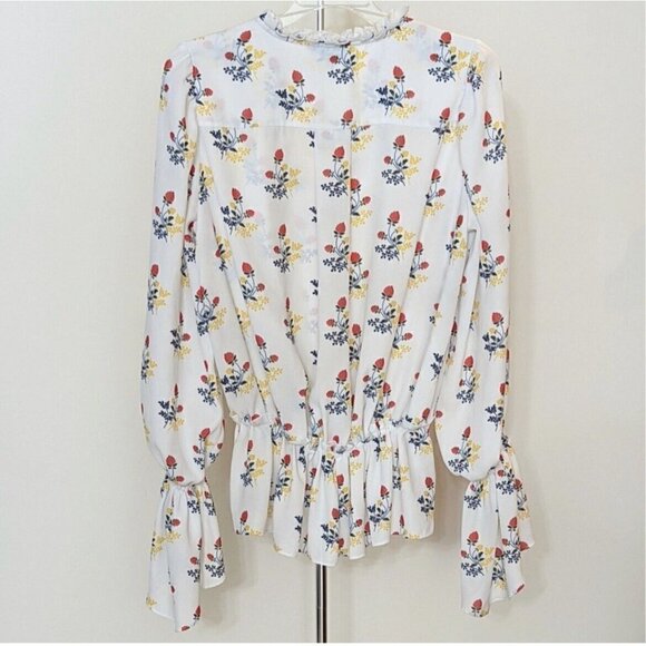 Derek Lam Floral Ruffle Silky Blouse top 1X White Red long sleeves - Picture 8 of 10